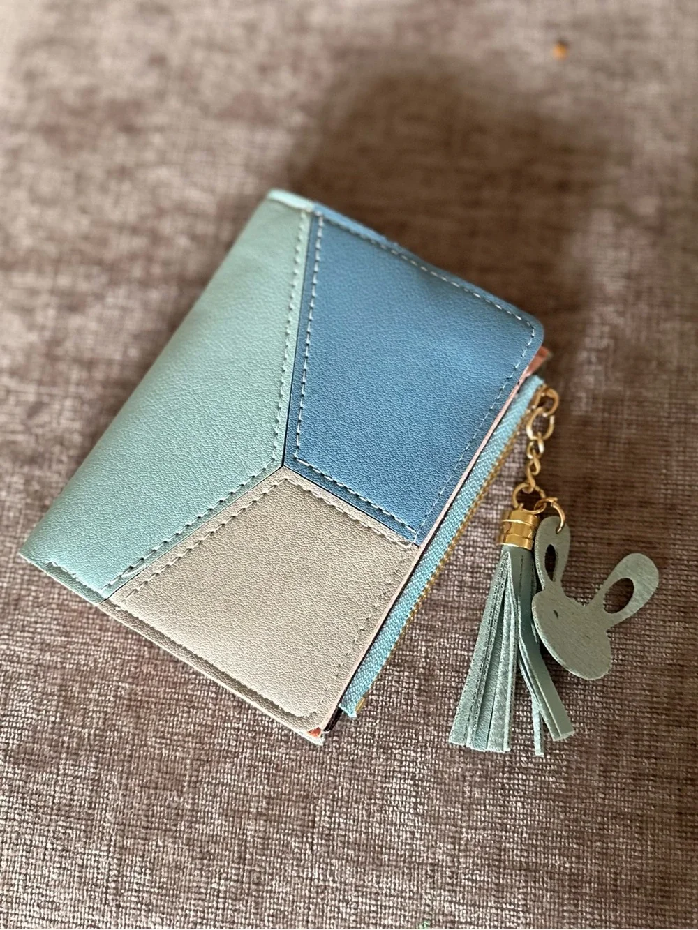 Compact Tricolor Faux Leather Wallet with Tassel Charm - Blue/Green/Cream